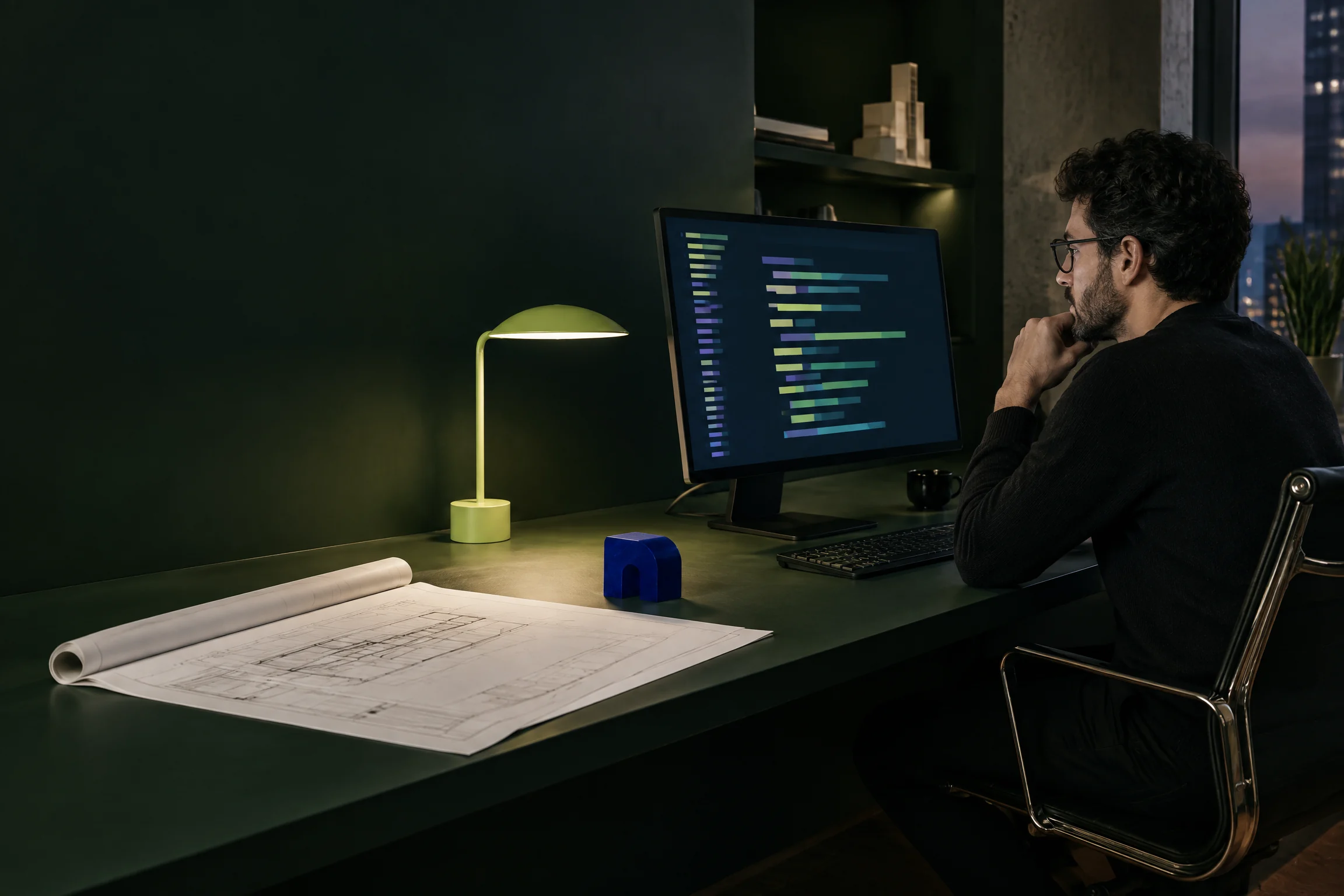 Engineer working at a dark green desk