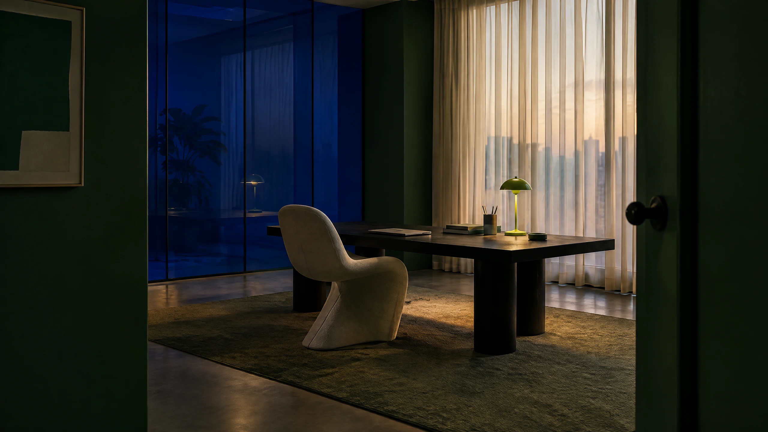 Quiet evening engineering workspace with warm lamp