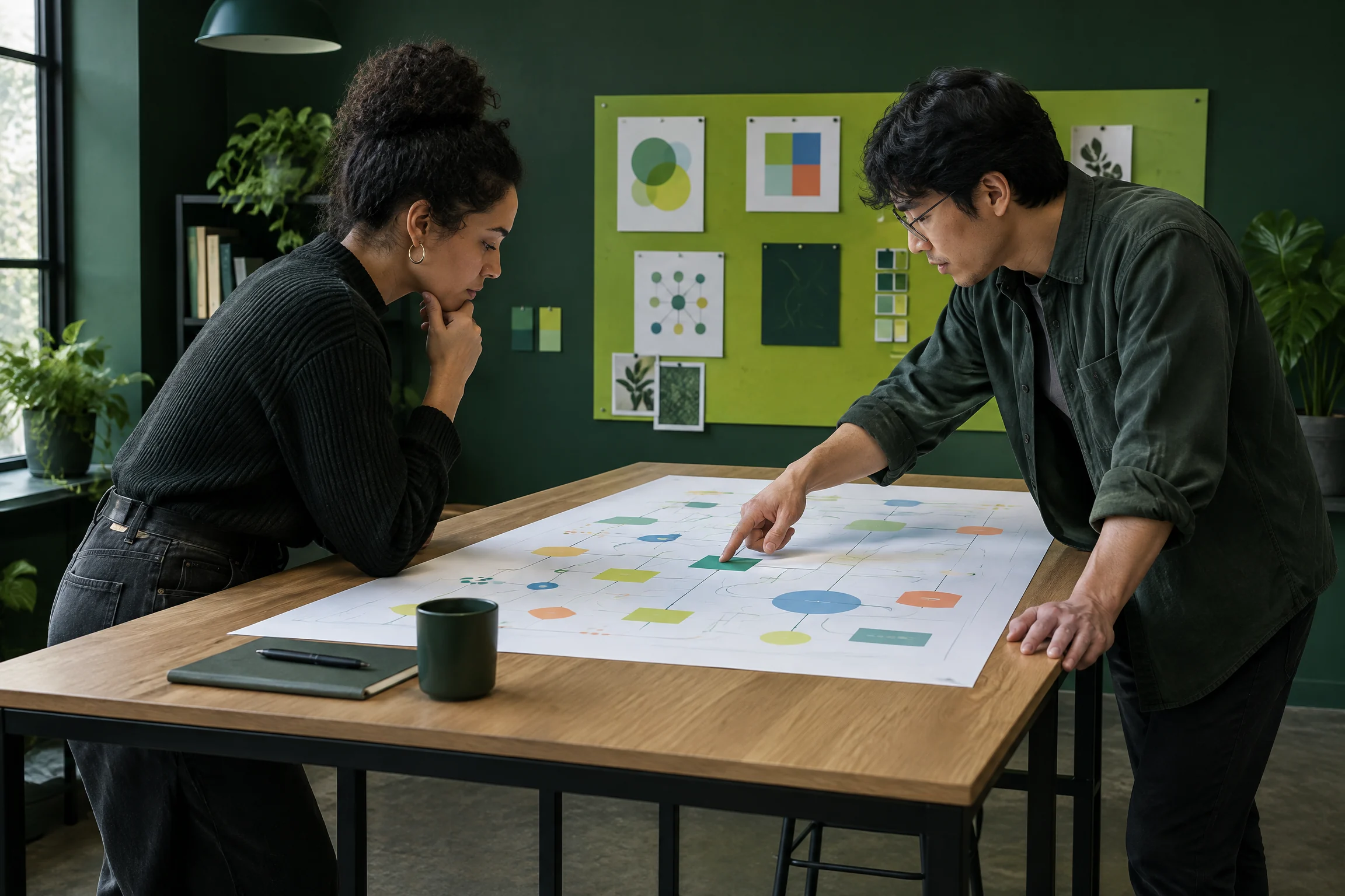 Two engineers reviewing an abstract system diagram