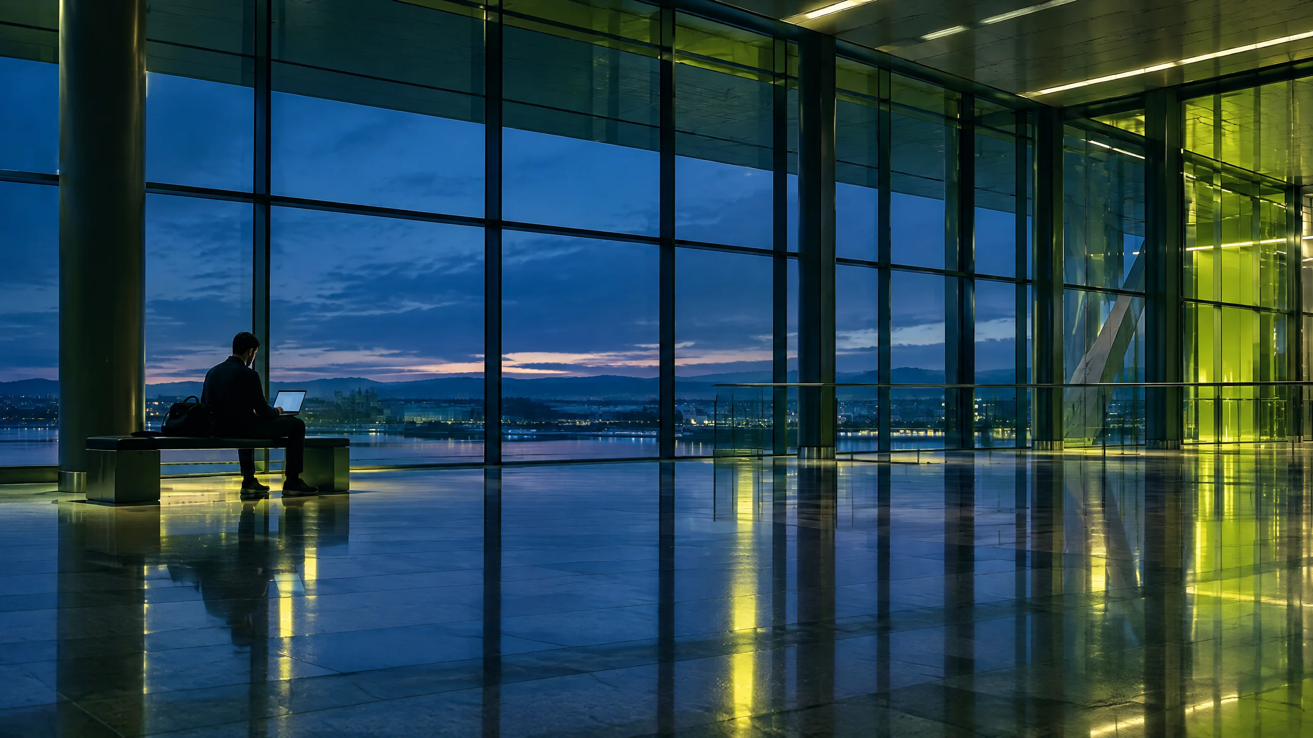 Engineer in a geometric building at blue hour